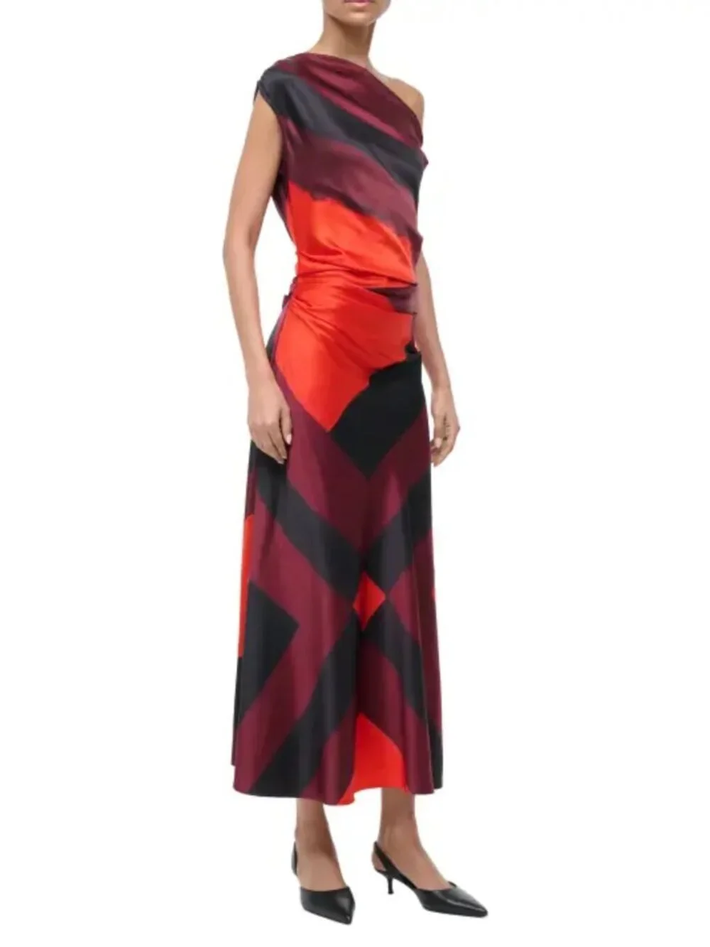 STAUD Phare One-Shoulder Silk Midi Dress Ruby Prism Size 6